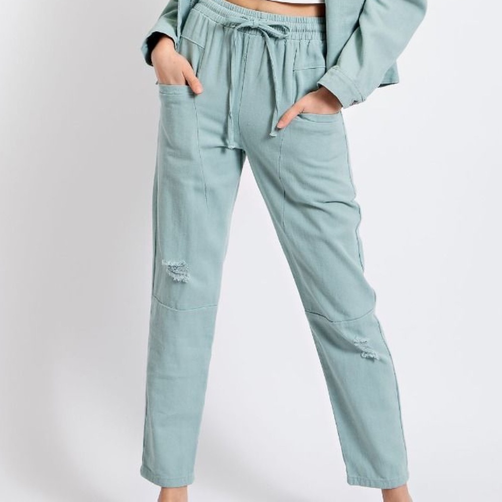 🌟SALE 138 NWT Easel Drawstring Waist Washed Twill Distressed Jean Pant FIRM